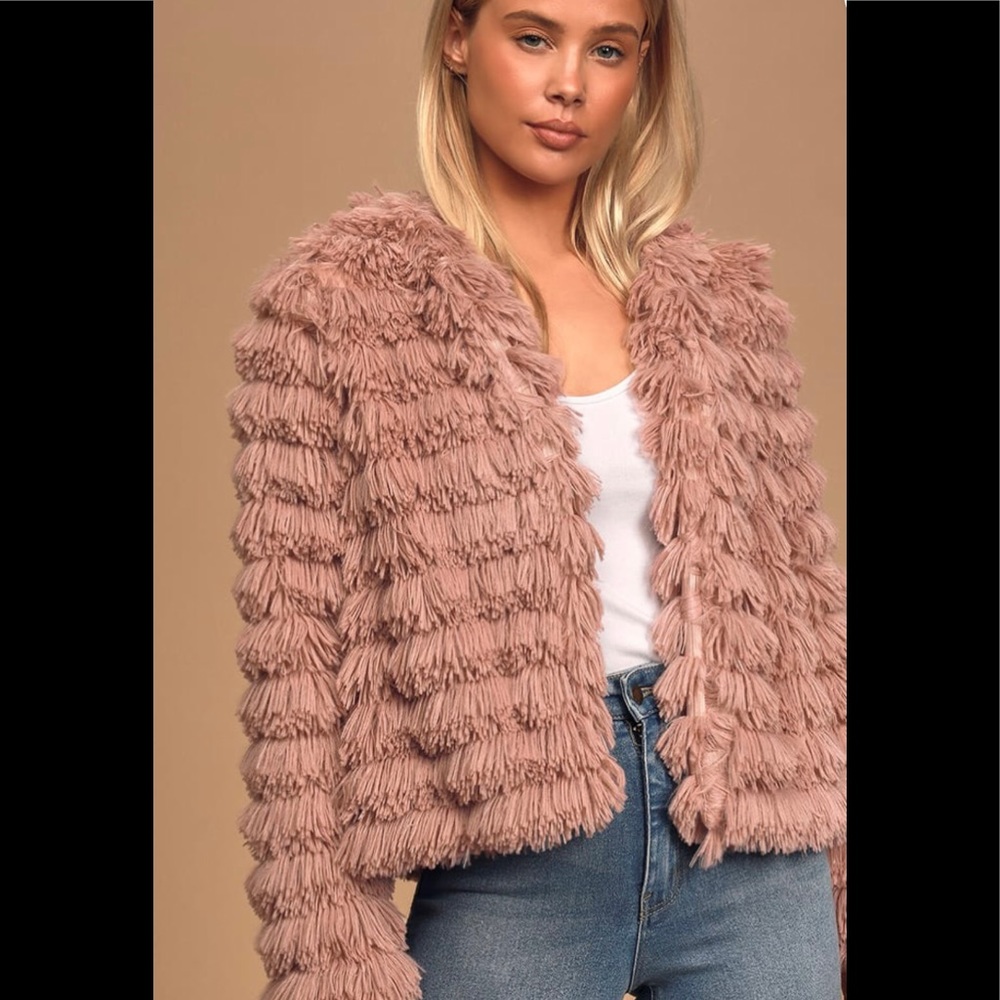 Prism mauve faux fur fringe jacket.